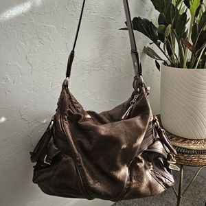 L.A.M.B. Brown Leather Shoulder Bag with Tassel Details